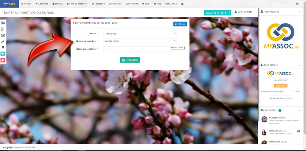Choix du membre déclaré au poste sélectionné 