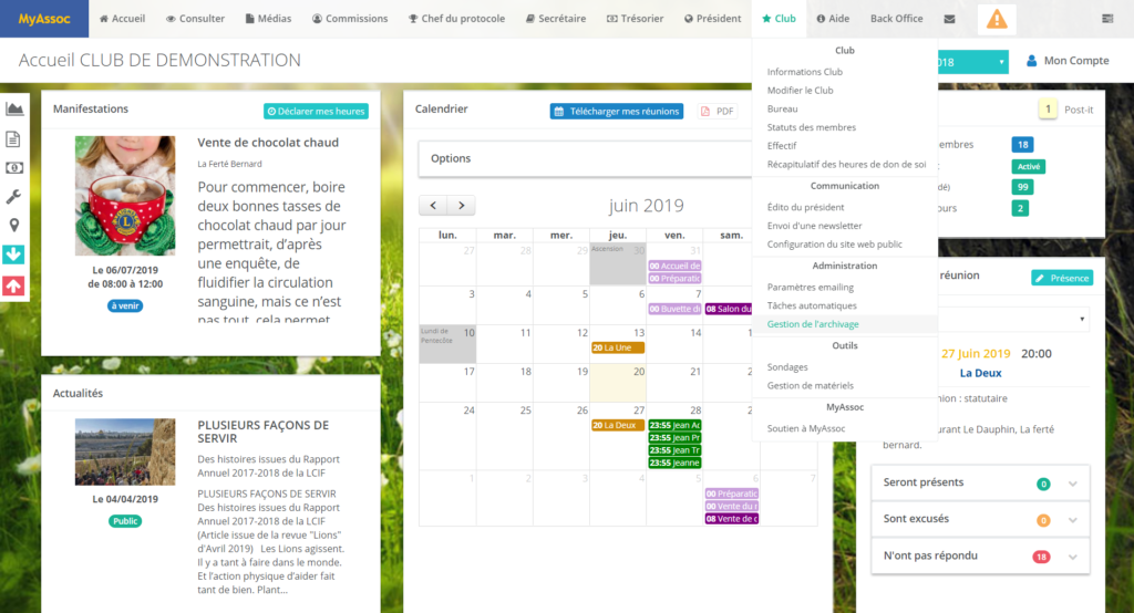 menu gestion de l'archivage