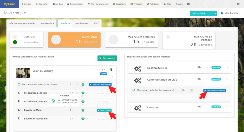 "Mon compte" déclaration des heures par le membre